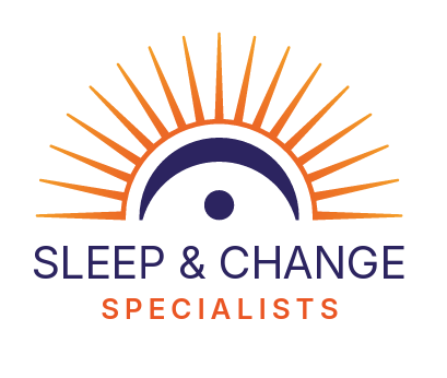 Sleep and Change Specialists logo: a rising sun over a crescent horizon